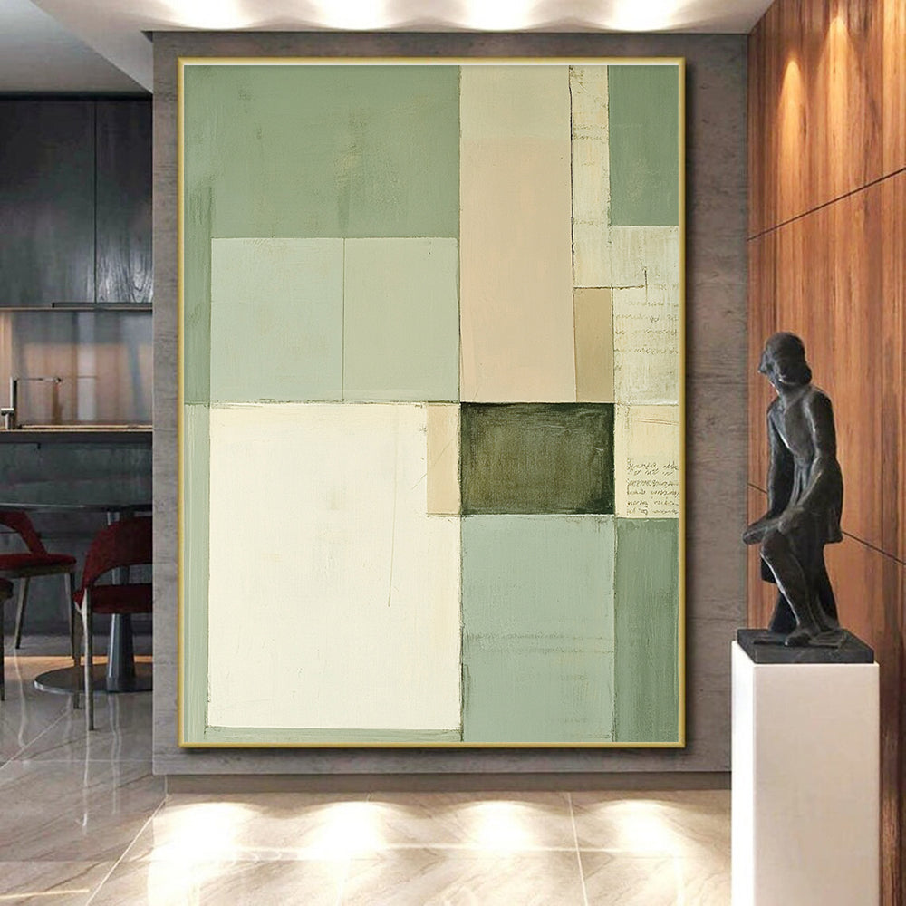 Green and Beige Geometric Blocks Abstract Painting with Subtle Harmony WINK274