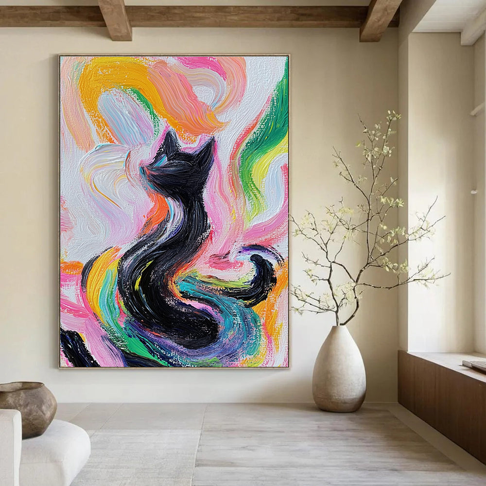 Colorful Swirling Cat Whimsical Feline Abstract Painting GAB0262