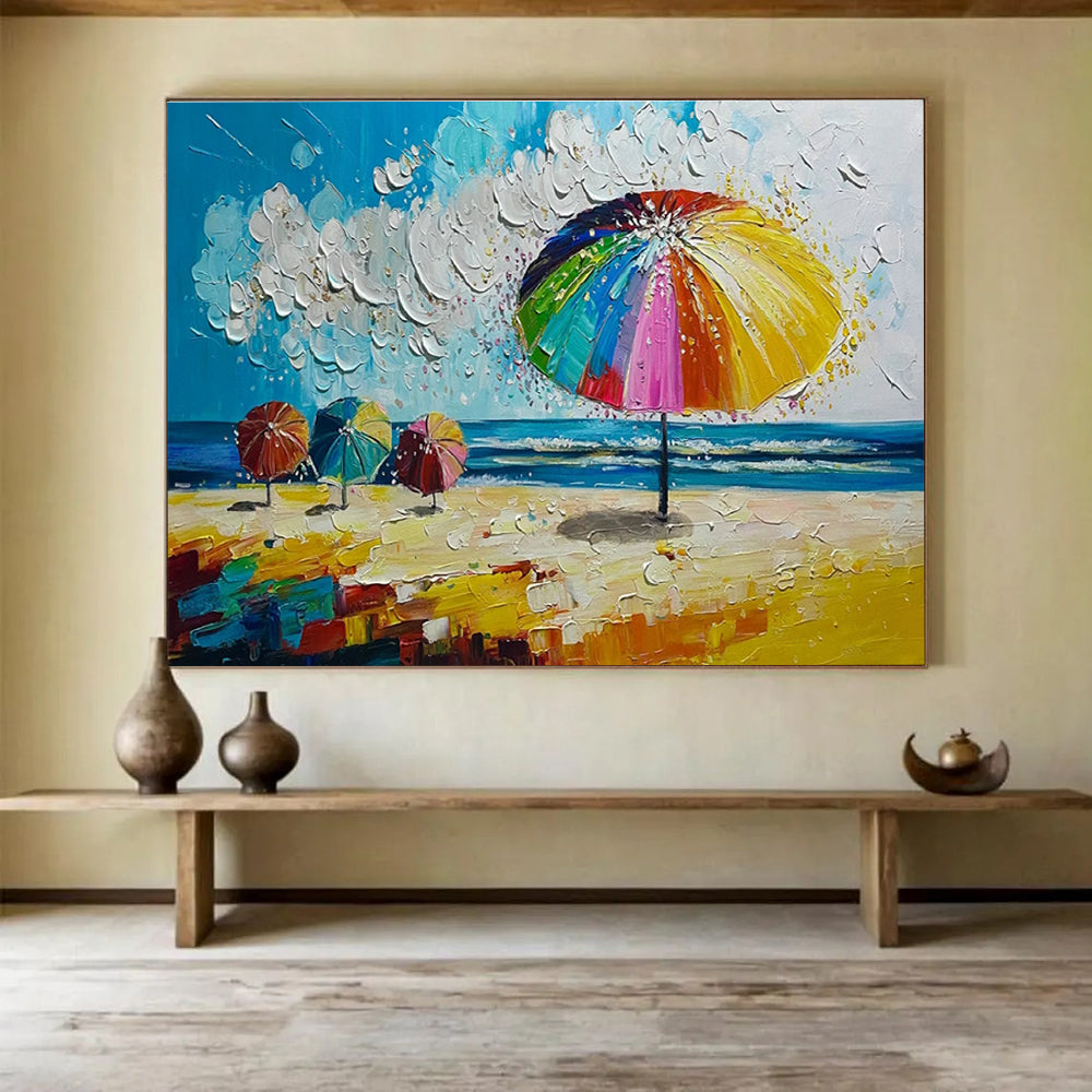Beach Umbrellas Scene Abstract Painting for Coastal Home Decor YHT310
