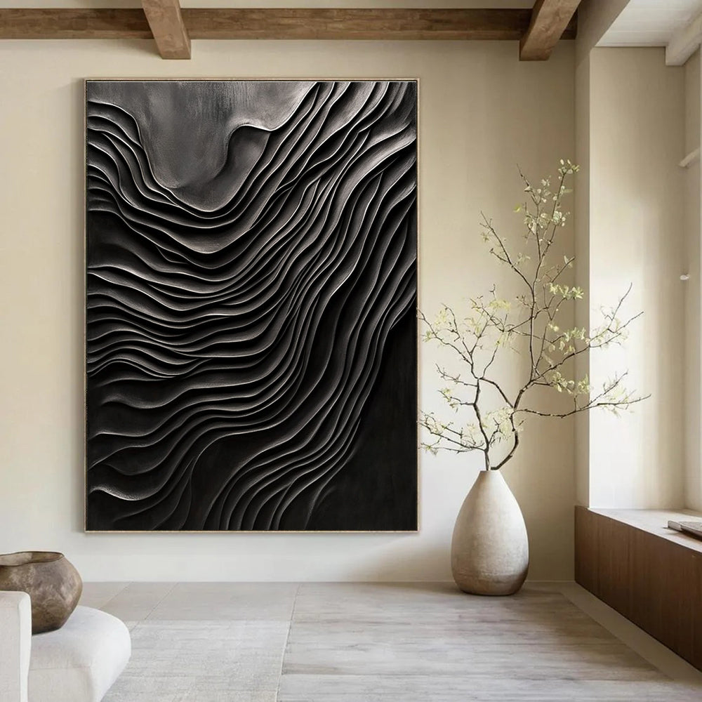 Black Wavy Textures Abstract Painting for Industrial - Chic Art Galleries GAB1328