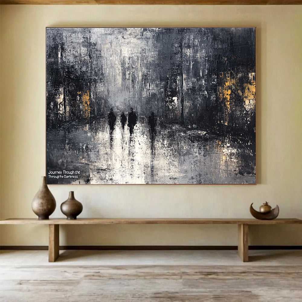Dark City Street Abstract Painting with Mysterious Urban Mood ABS445