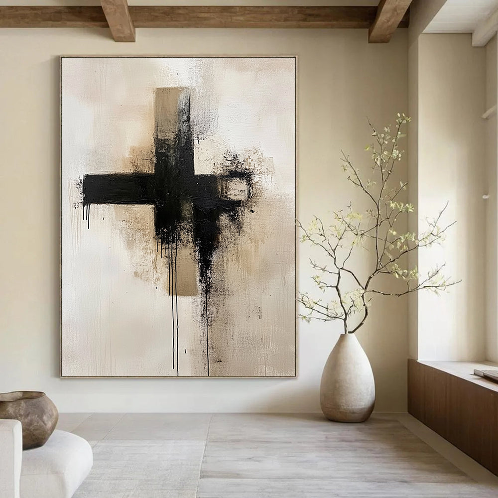 Dripping Black Cross Abstract Painting for Contemporary Art Galleries GAB1102