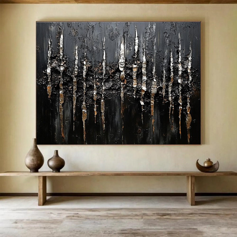 Textured Black and Silver: Tactile Art with Shimmering Accents Abstract Painting ABS180