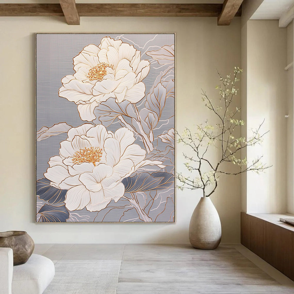 White Peonies with Gold Elegant Abstract Painting for Luxury Spaces GAB1478