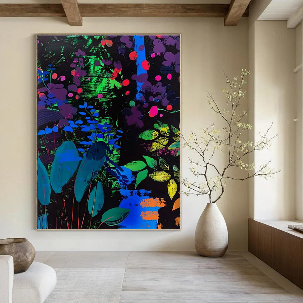 Neon Floral Night Abstract Painting for Trendy Nightclubs HENG095
