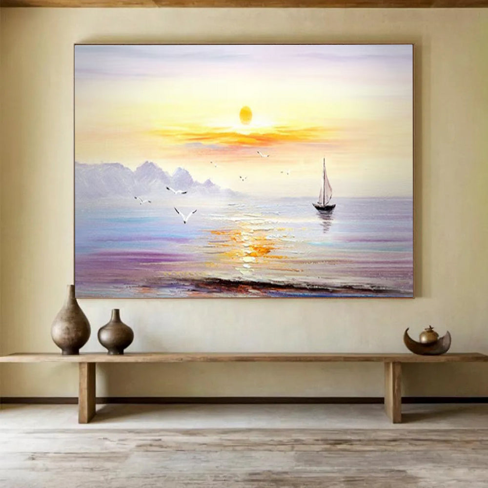 Serene Seaside Sunset Painting for Coastal Bedrooms YHT181
