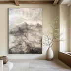 Evocative Gray - Toned Textured Mountains Painting for Nature - Inspired Spaces HENG256
