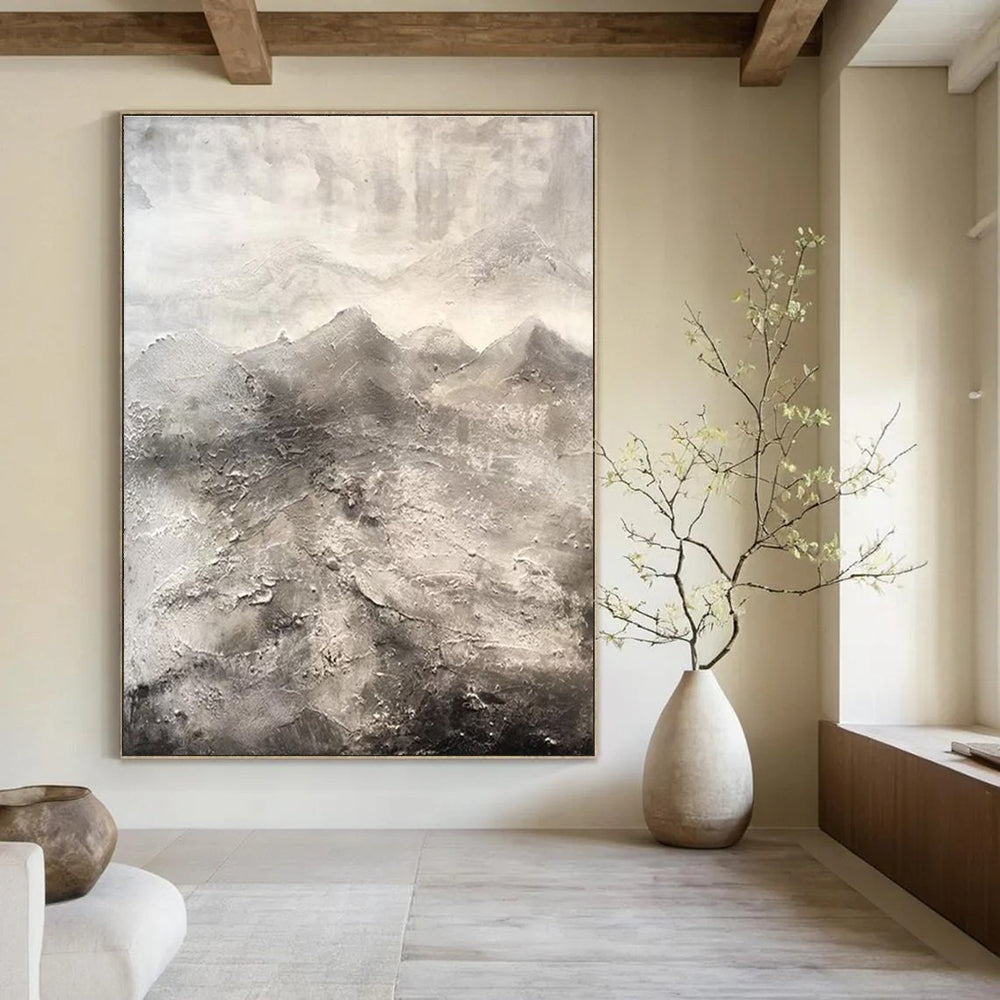 Evocative Gray - Toned Textured Mountains Painting for Nature - Inspired Spaces HENG256