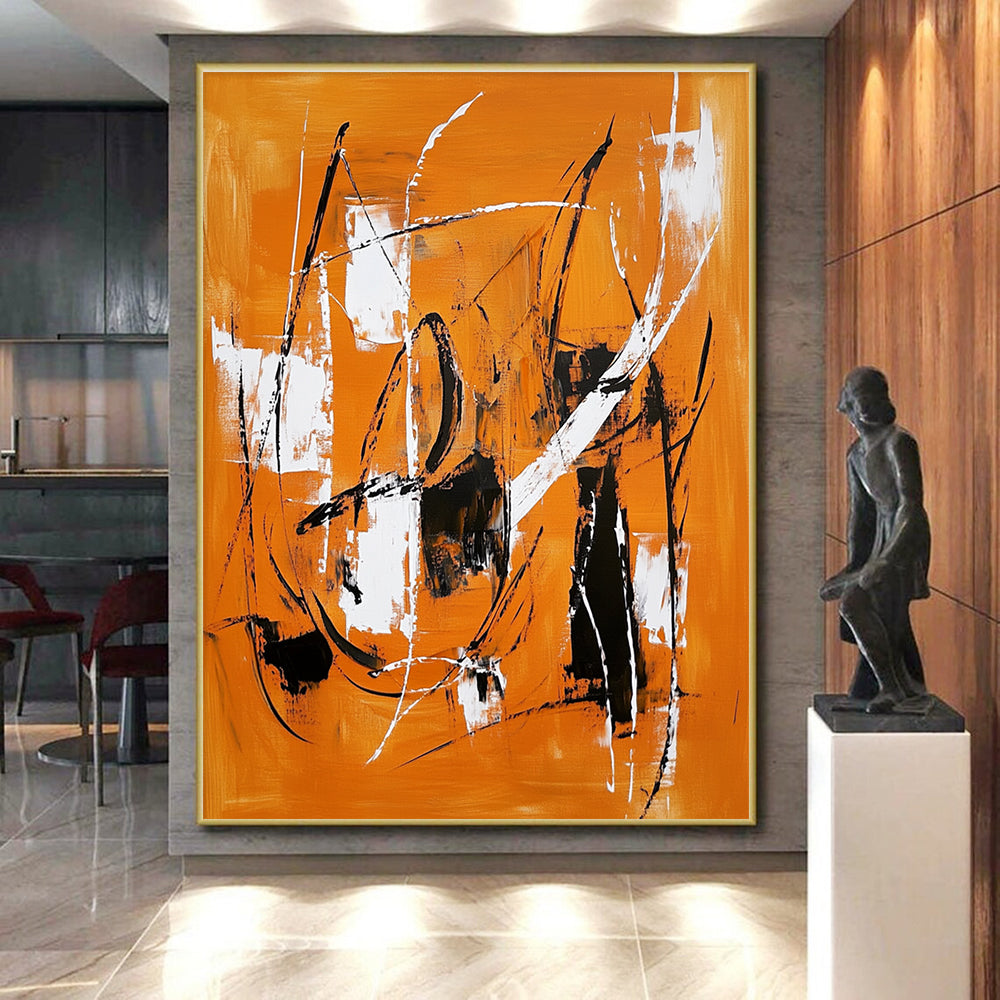 Orange Black White Abstract Painting with Dynamic Lines WINK659