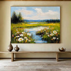 Flower - Filled River Landscape Abstract Painting with Vibrant Nature ABS594