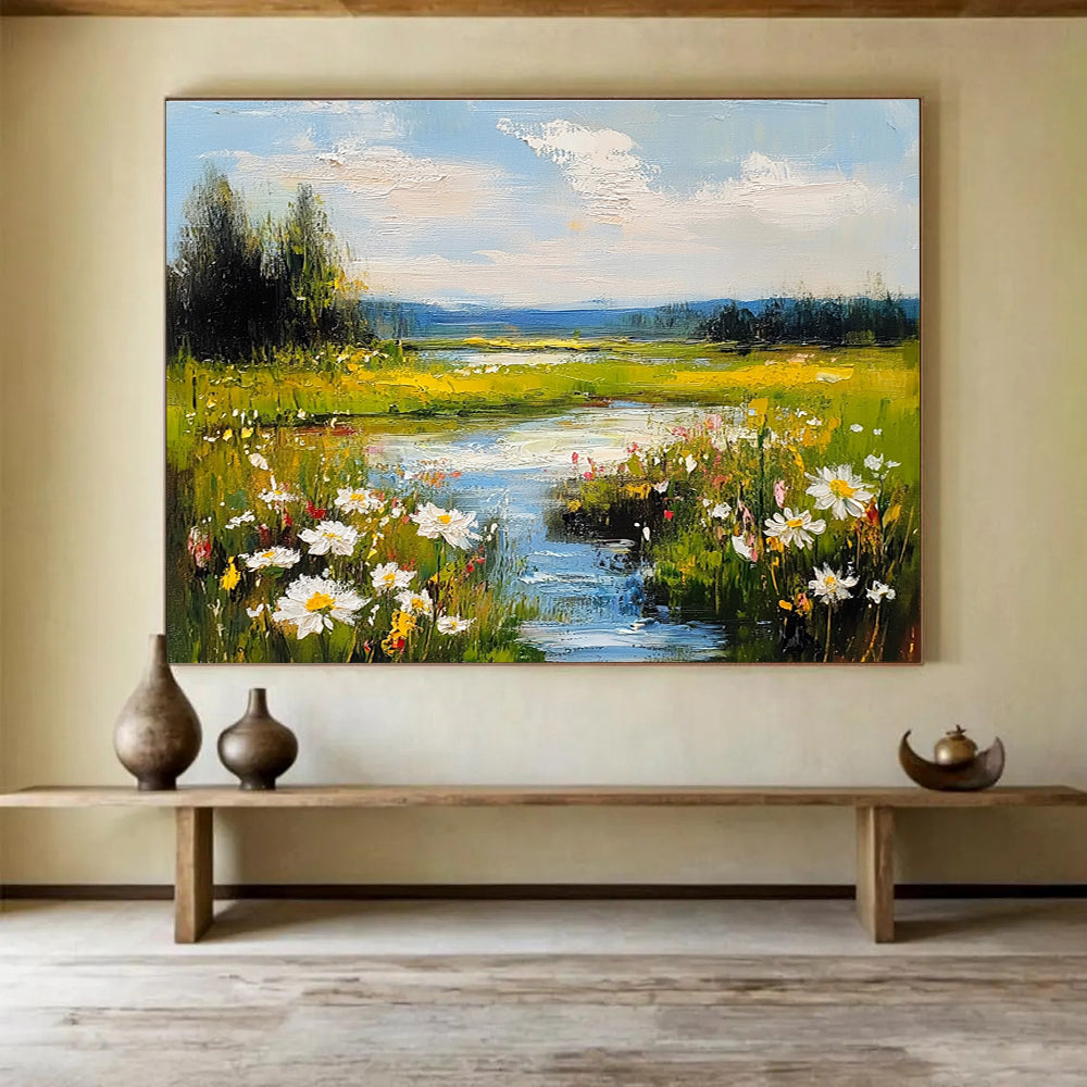 Flower - Filled River Landscape Abstract Painting with Vibrant Nature ABS594