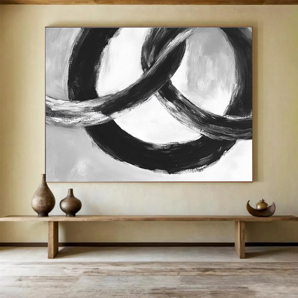 Intertwined Black Rings: Dynamic Movement in Monochrome Abstract Painting ABS175