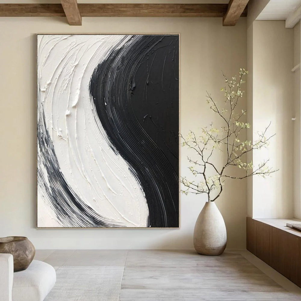 Black - White Textured Stripe Art Abstract Painting for Monochrome Dining Rooms HENG376