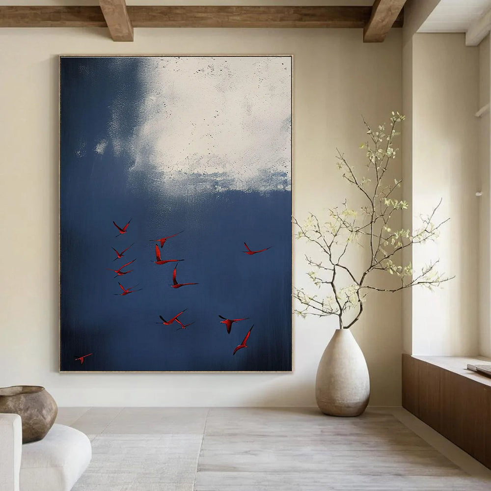 Red Birds in Blue Sky Abstract Painting for Nature - Inspired Living Rooms HENG500