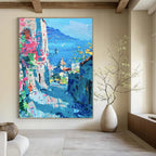 Coastal Town with Flowers Abstract Painting for Mediterranean - Style Cafes HENG530