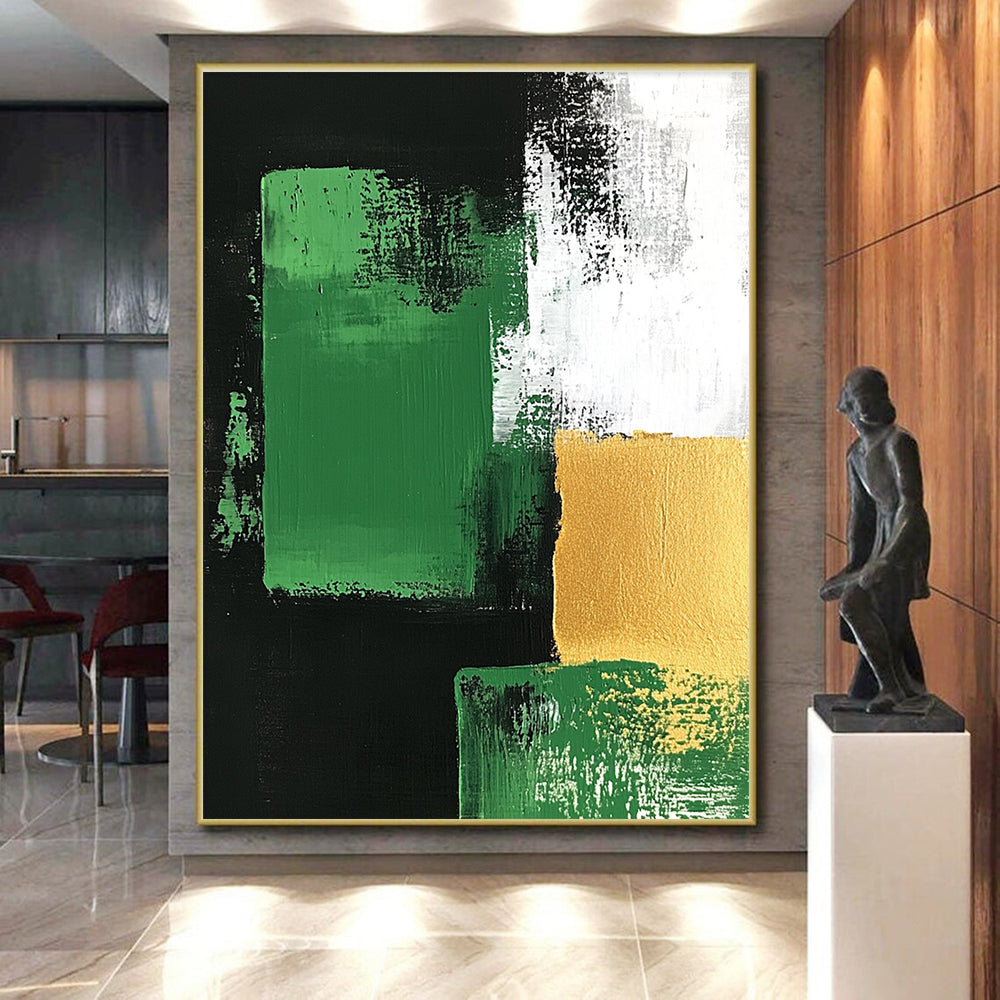 Green Gold Black Abstract Painting with Bold Geometry WINK678