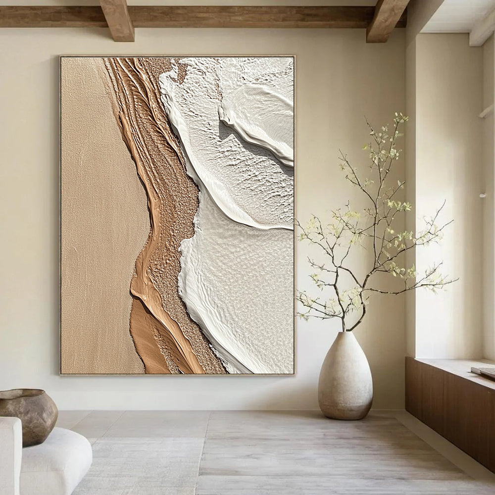 Beige and White Textured Shore Abstract Painting with Coastal Vibes GAB0067