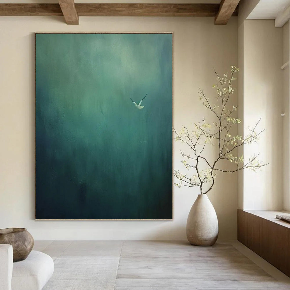 Solitary Bird in Green Abstract Painting for Peaceful Meditation Rooms HENG477
