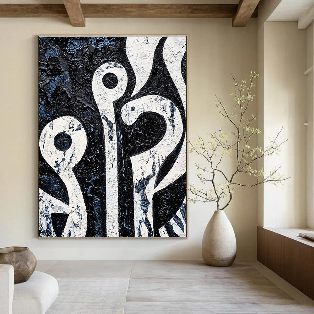 Black and White Organic Shapes Abstract Painting with Textured Surfaces GAB0056