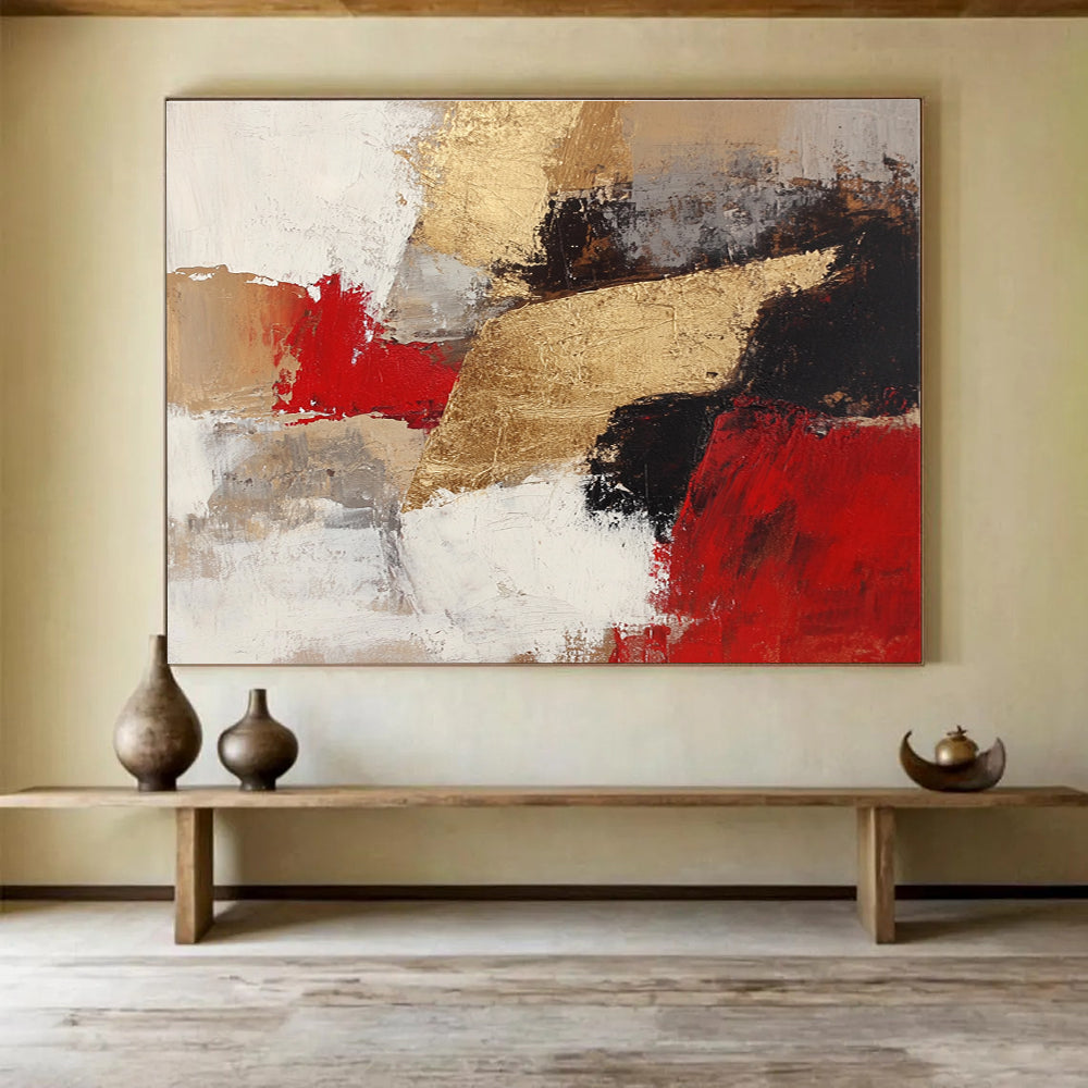 Gold Red Abstract Fusion Painting with Bold Textured Contrasts ABS539