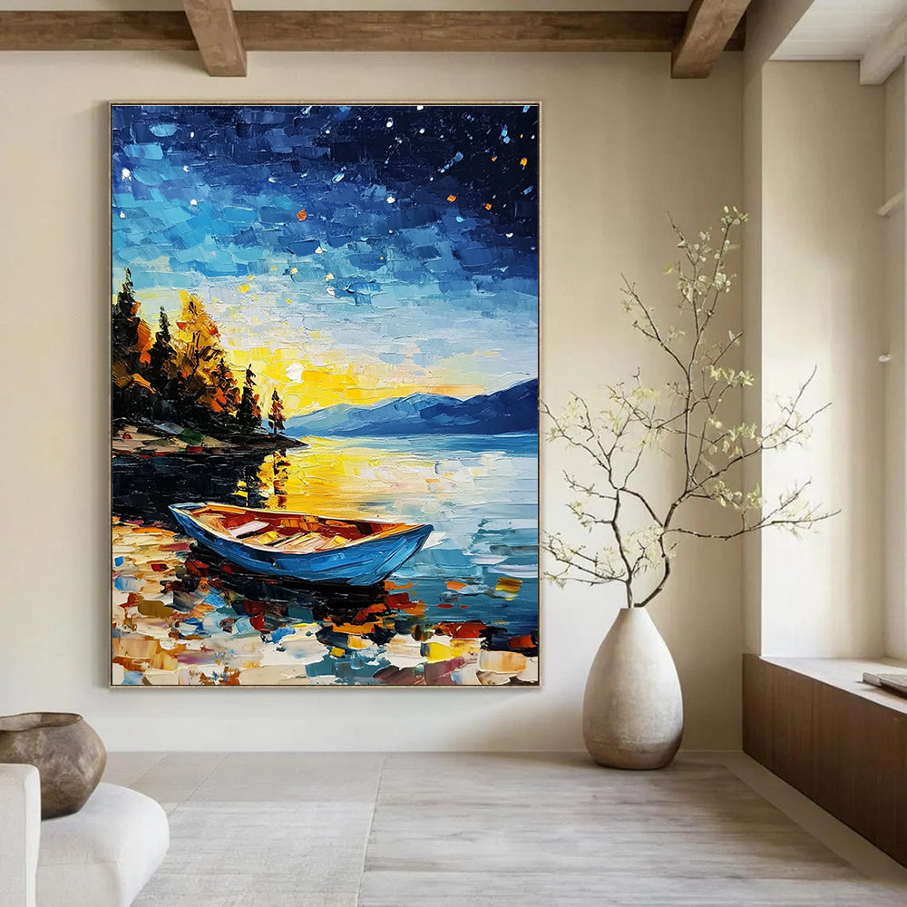 Colorful Lake at Night Abstract Painting for Nautical - Themed Living Rooms GAB1293