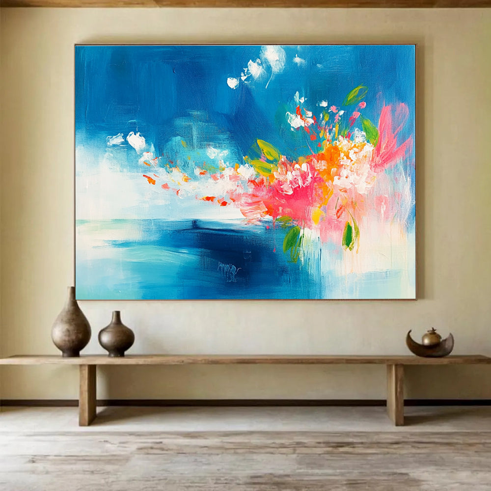 Blue Sky and Colorful Flowers Abstract Painting with Expressive Brushwork ABS394