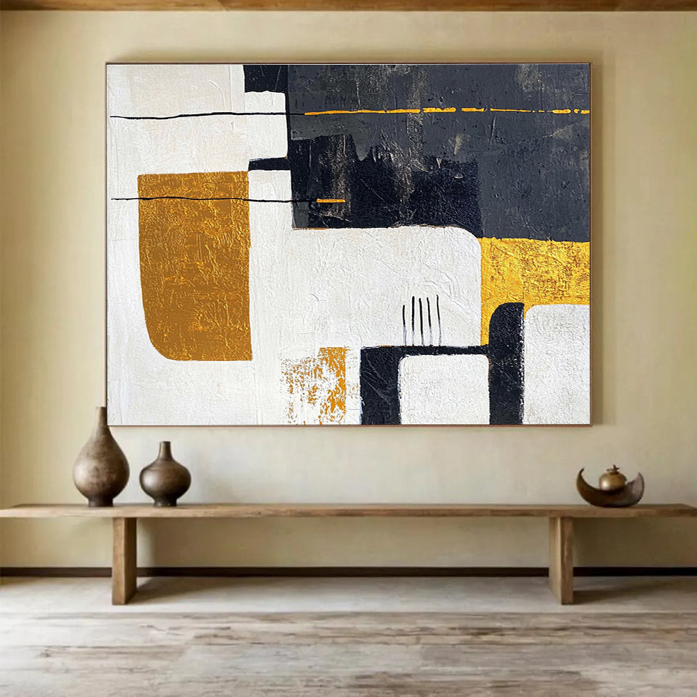 Black and Gold Geometric Abstract Painting with Sophisticated Style ABS425