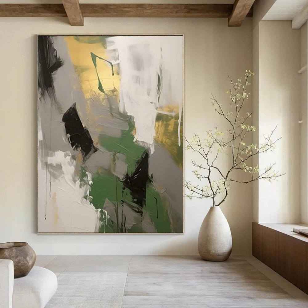 Green - Gray - Gold Abstract Painting for Eco - Friendly Workspaces HENG115