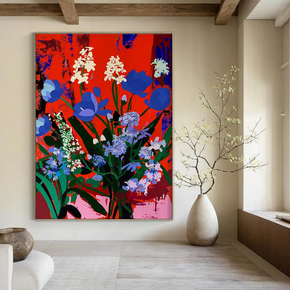 Blue and White Blooms Abstract Painting for Elegant Dining Spaces HENG101