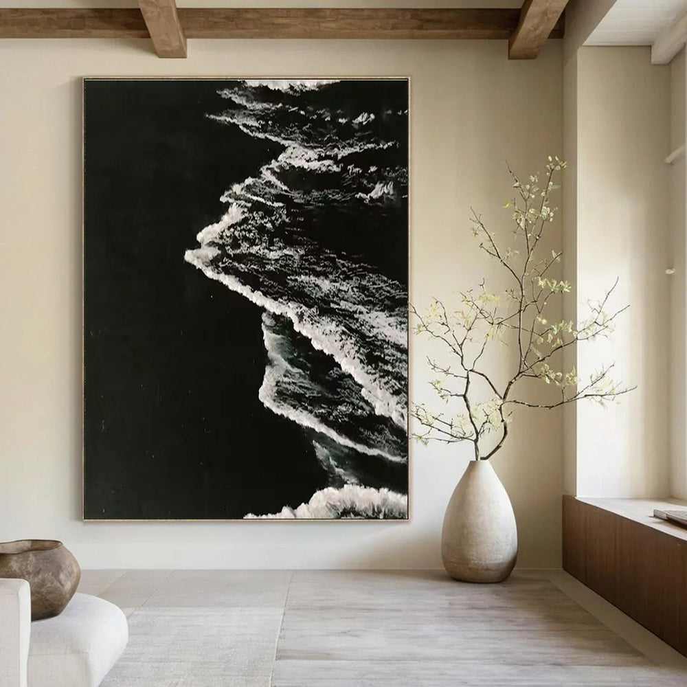 Black and White Ocean Wave Abstract Painting for Monochrome - Themed Spaces HENG349