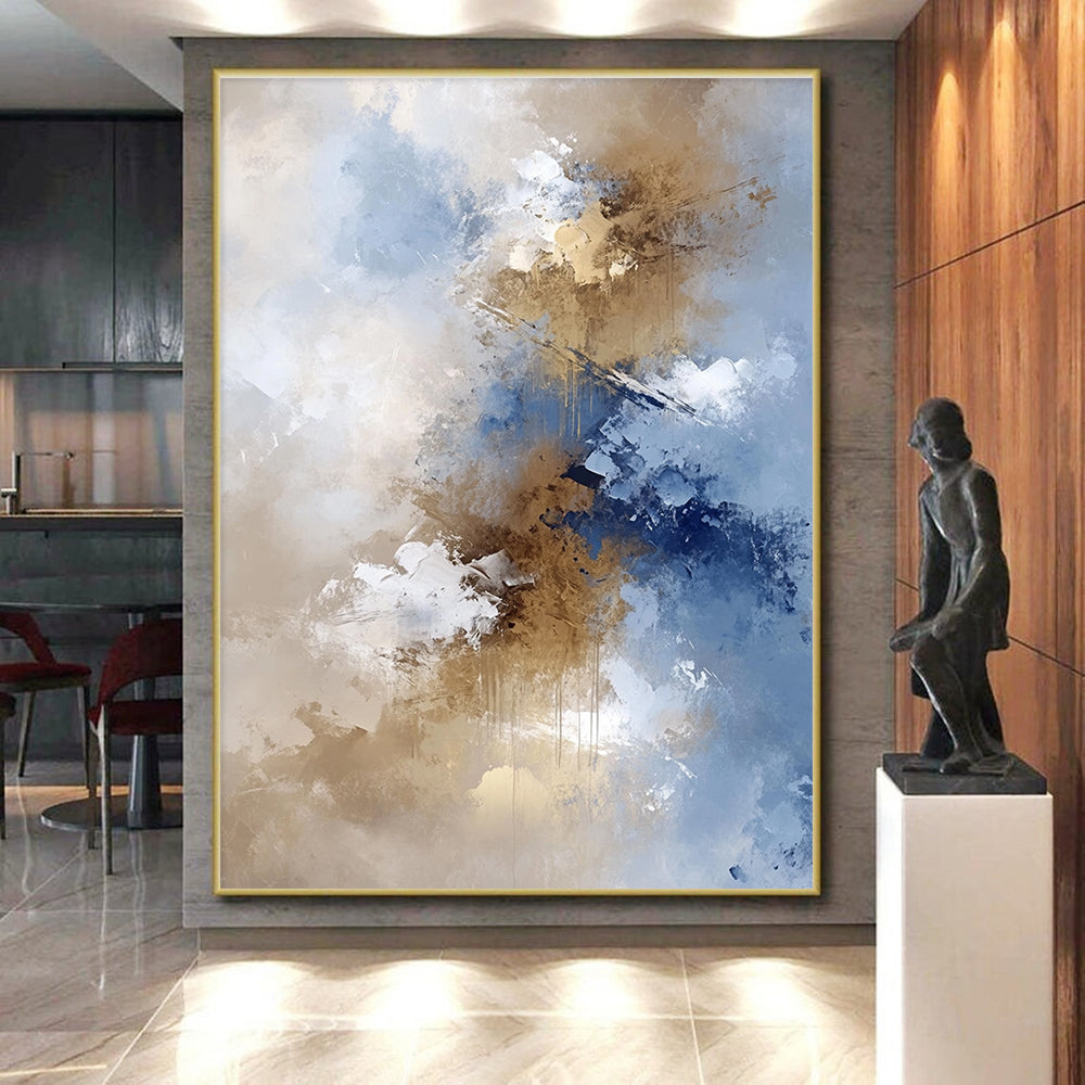 Blue Gold White Abstract Painting with Flowing Elegance WINK662