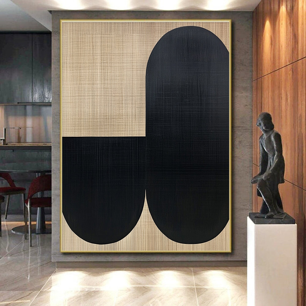 Beige and Black Abstract Painting with Minimalist Forms WINK838