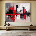 Red and Black Cityscape Abstract Painting with Reflective Elements ABS398