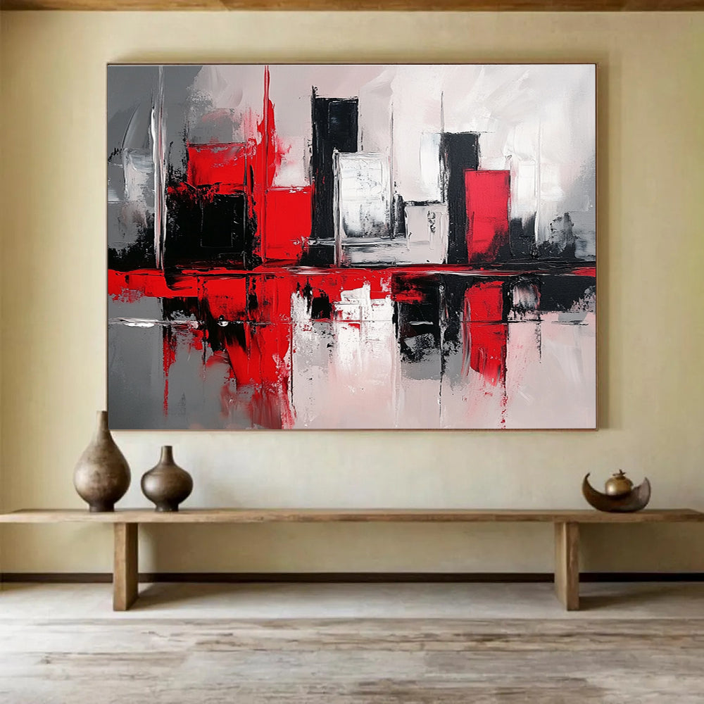 Red and Black Cityscape Abstract Painting with Reflective Elements ABS398