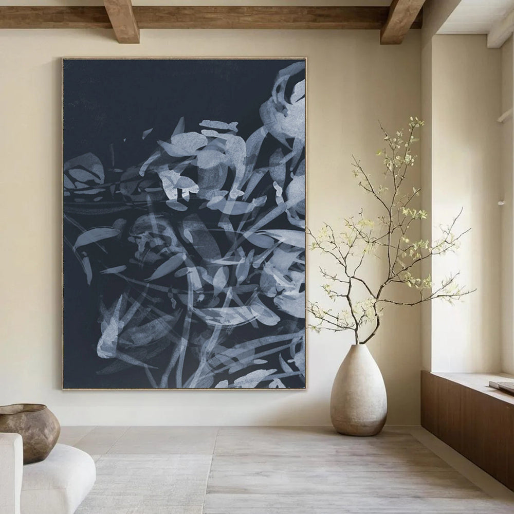 Elegant Monochromatic Floral Silhouette Abstract Painting for Sophisticated Spaces HENG240