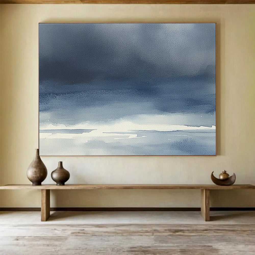 Blue Gradient Seaside Abstract Painting with Subtle Drama ABS614