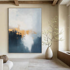 Blue and Gold Abstract Mist Painting for Coastal Hotel Lobbies GAB1189