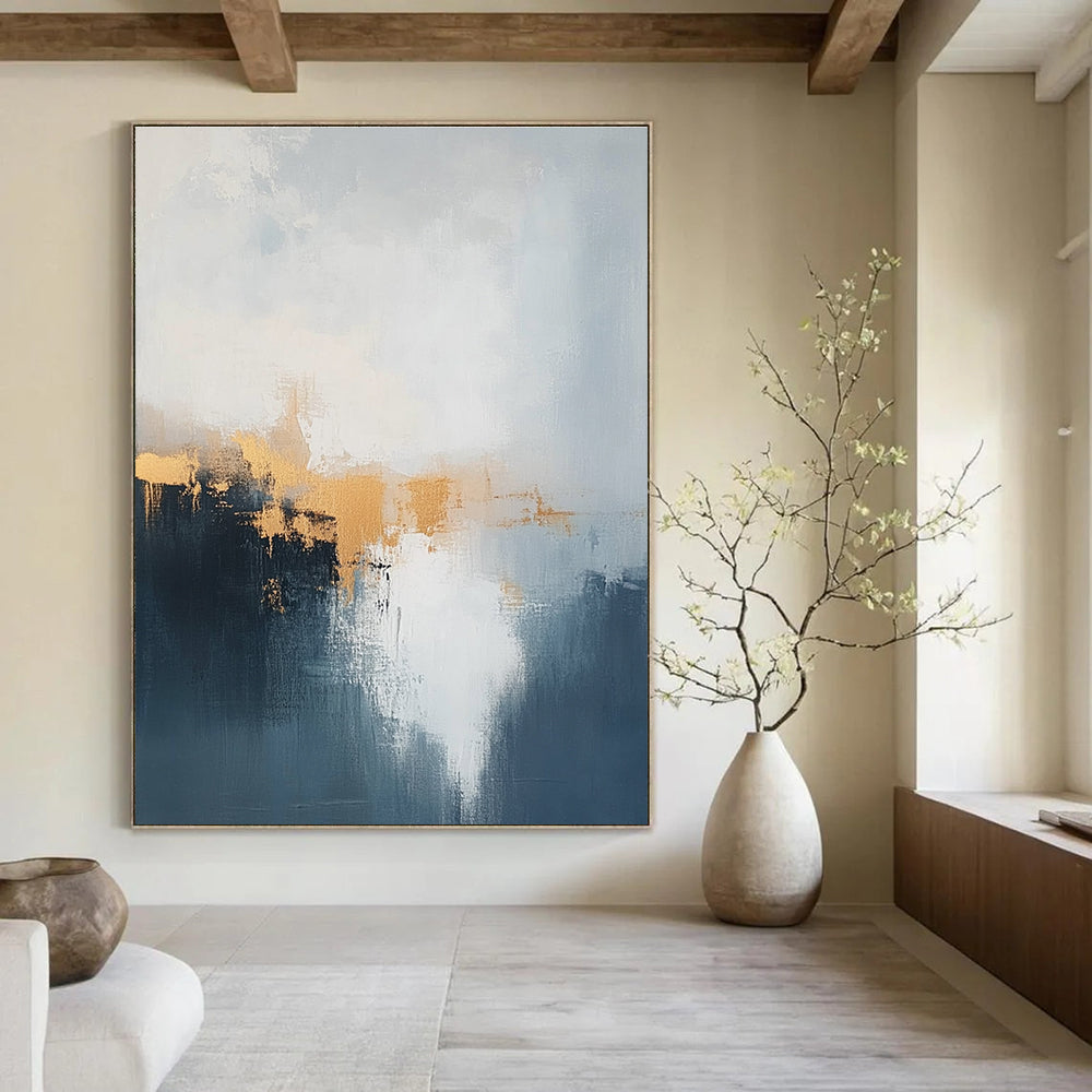 Blue and Gold Abstract Mist Painting for Coastal Hotel Lobbies GAB1189