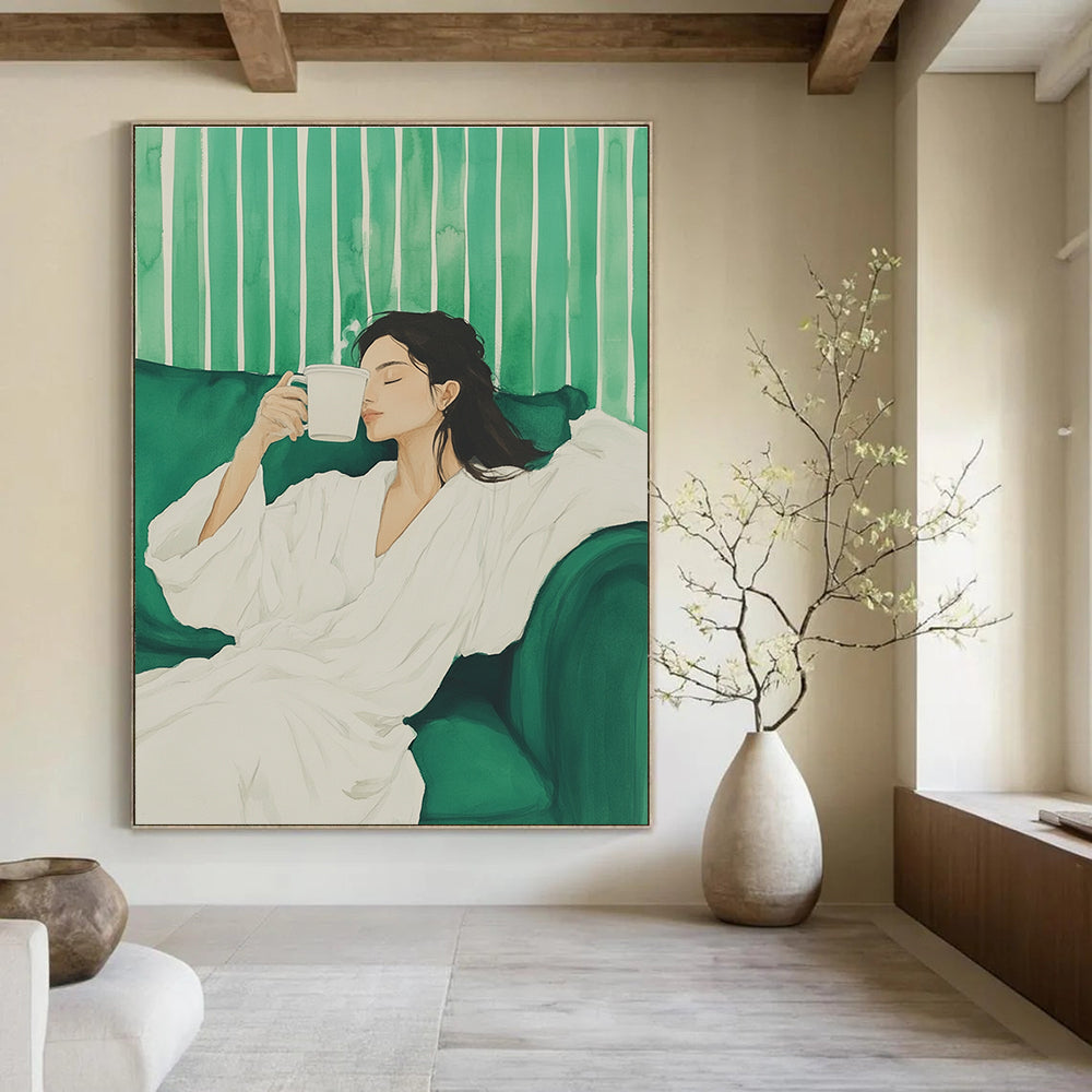 Woman with Coffee on Green Sofa Painting of Relaxed Comfort GAB0135