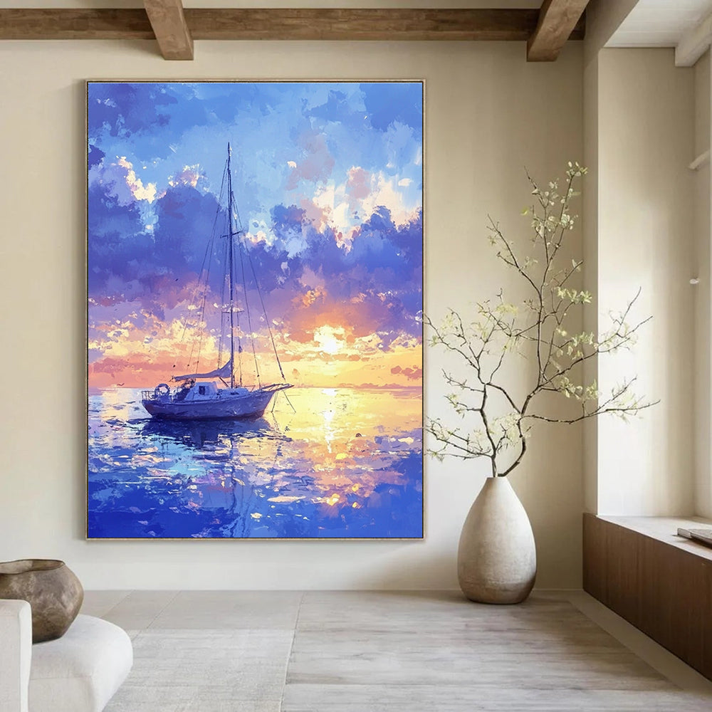 Sailboat at Sunset Romantic Coastal Abstract Painting GAB0330