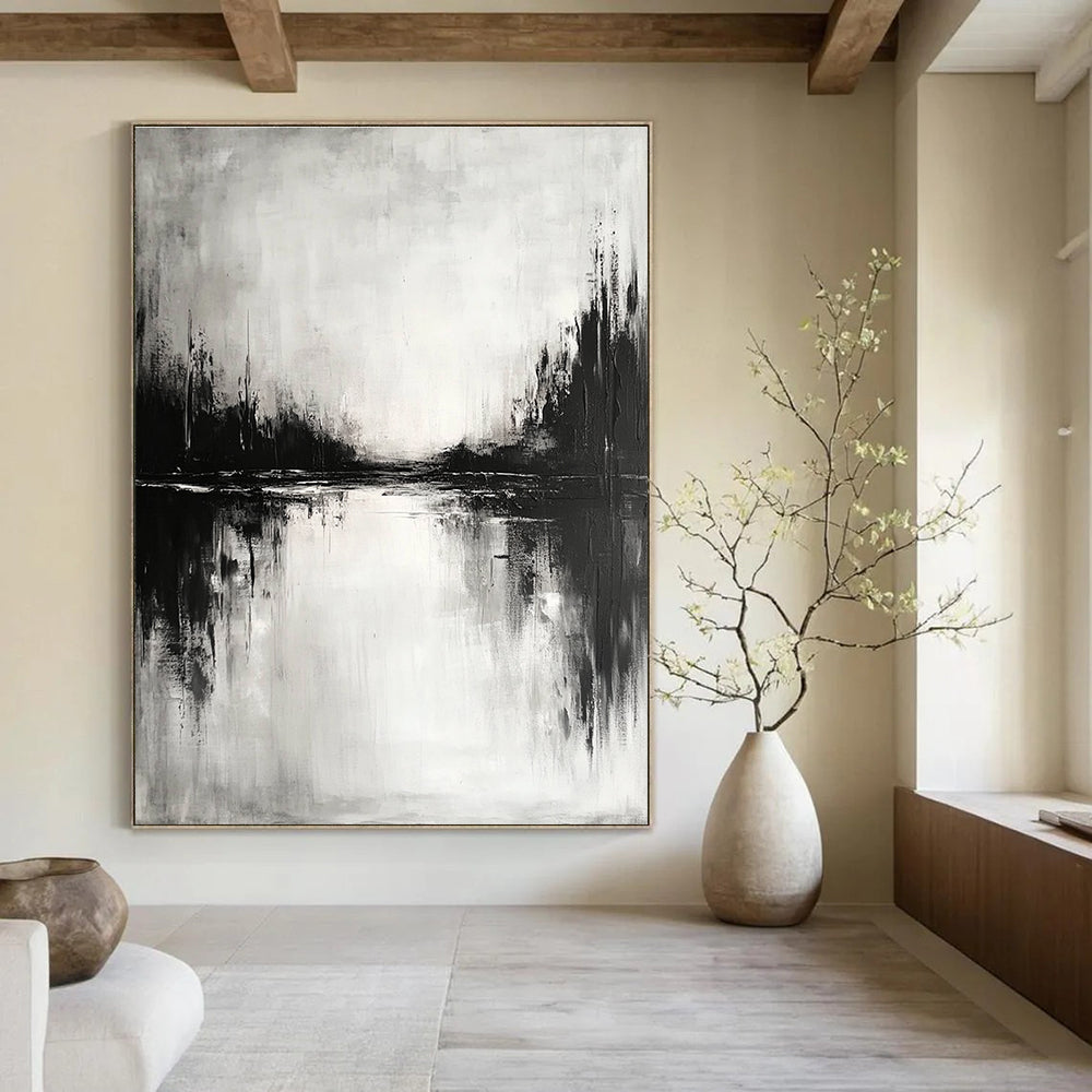 Black and White Lake Landscape - Moody Atmospheric Abstract Painting GAB0450