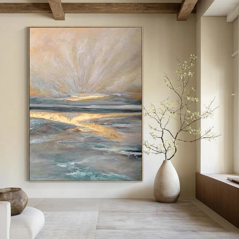 Ethereal Golden Seaside Sunrise Abstract Painting for Inspiring Spaces HENG264