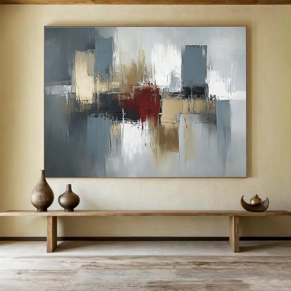 Gray, Gold and Red Abstract Cityscape Painting with Urban Energy ABS403