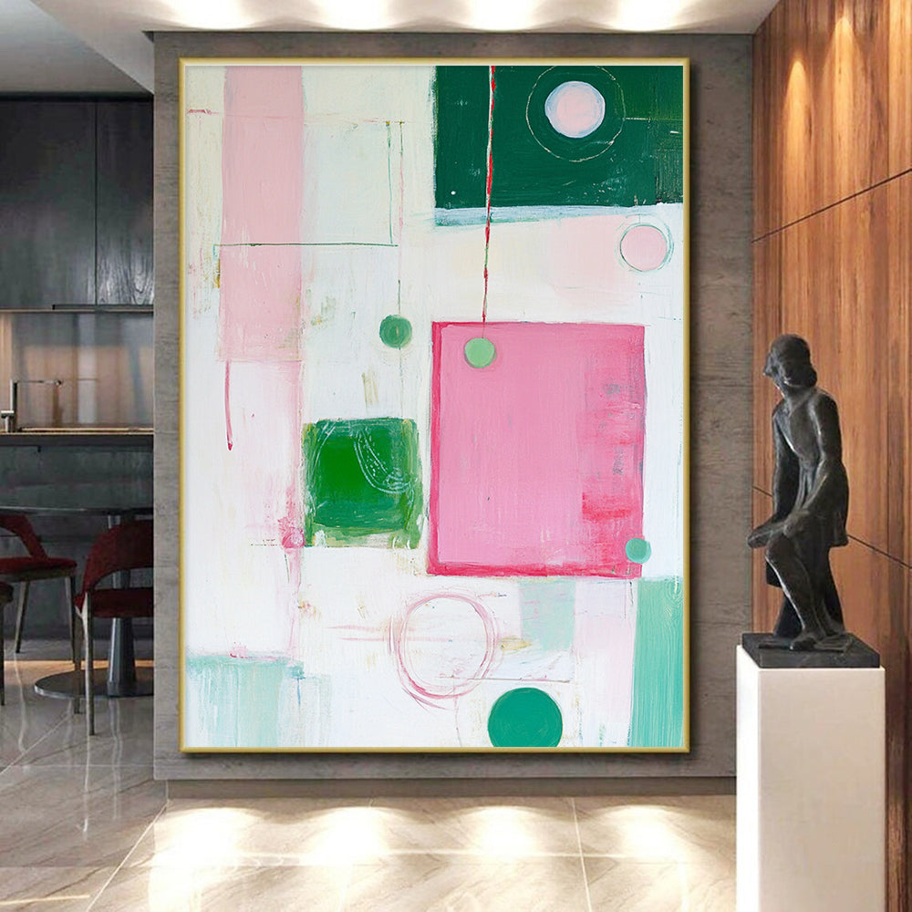 Pink Green White Abstract Painting with Playful Geometry WINK518