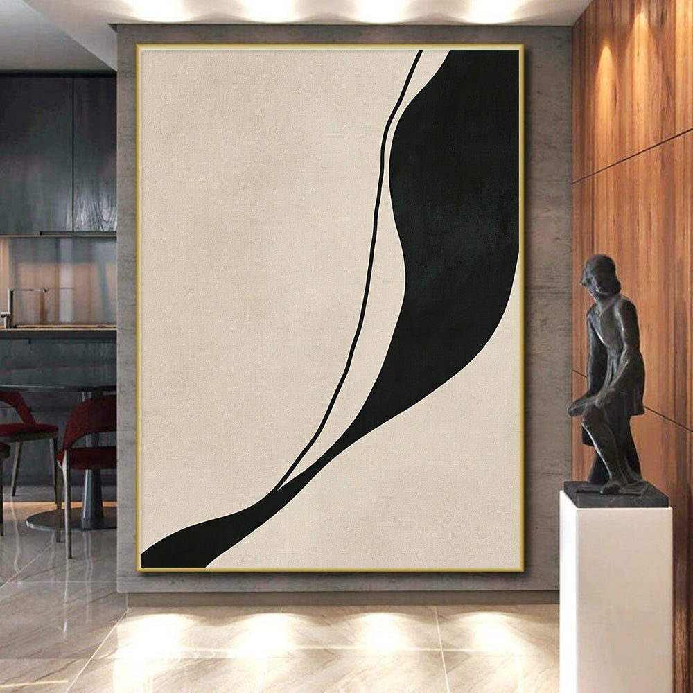 Black and Beige Curved Abstract Painting with Fluid Lines WINK843