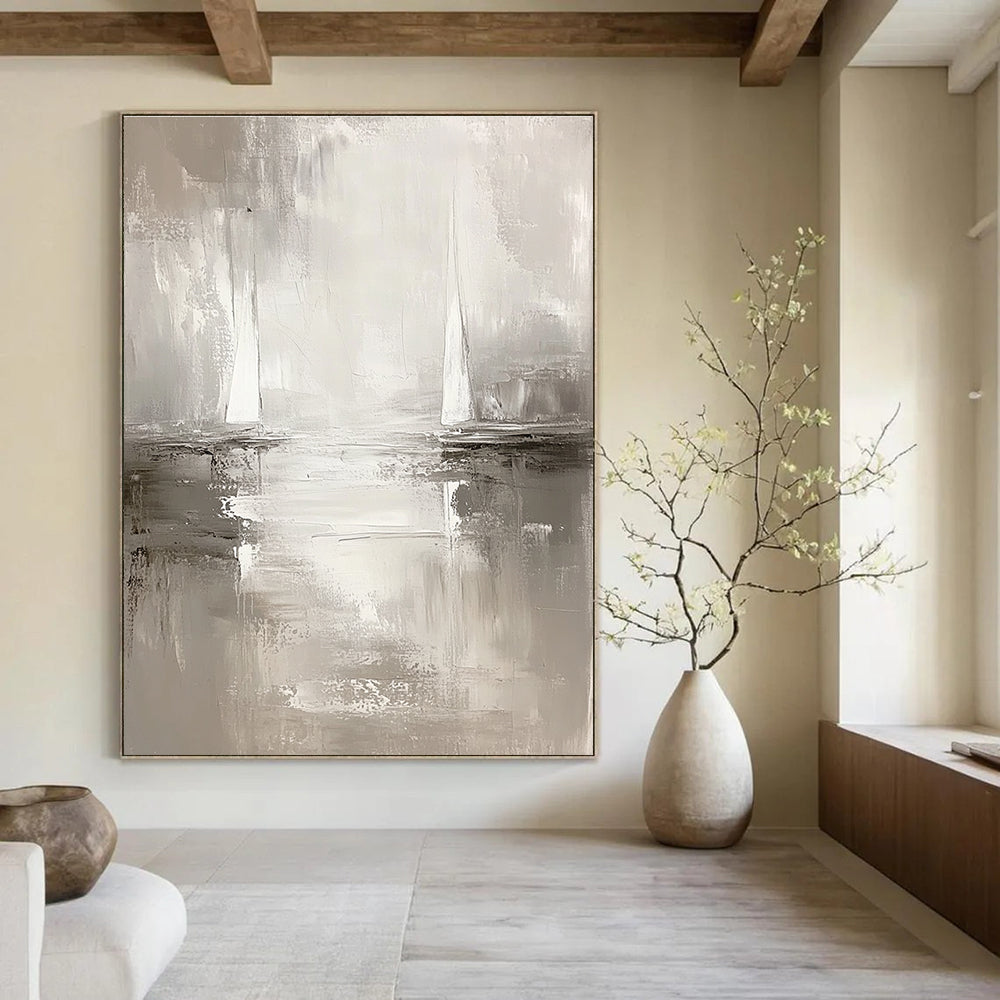 Monochrome Sailboat Abstract Painting for Serene Study Nooks GAB0822