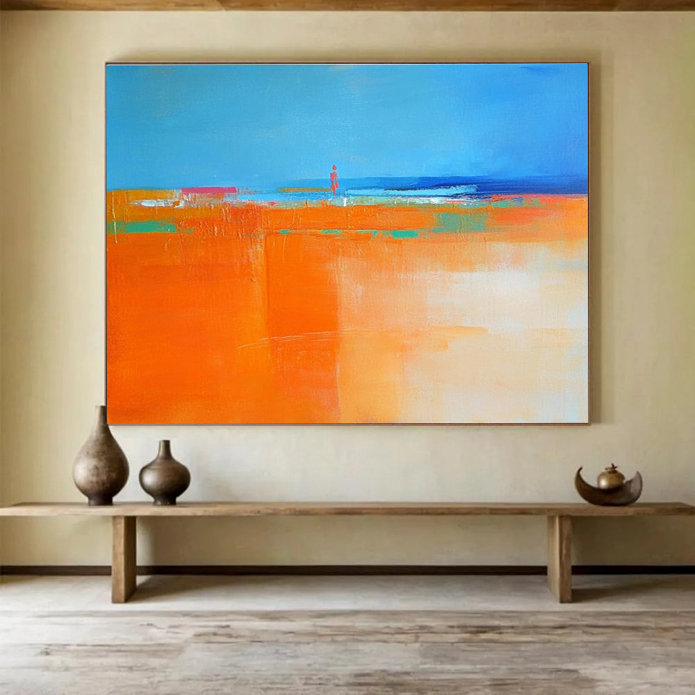 Vibrant Coastal Scene Abstract Painting Featuring a Figure Silhouette ABS221