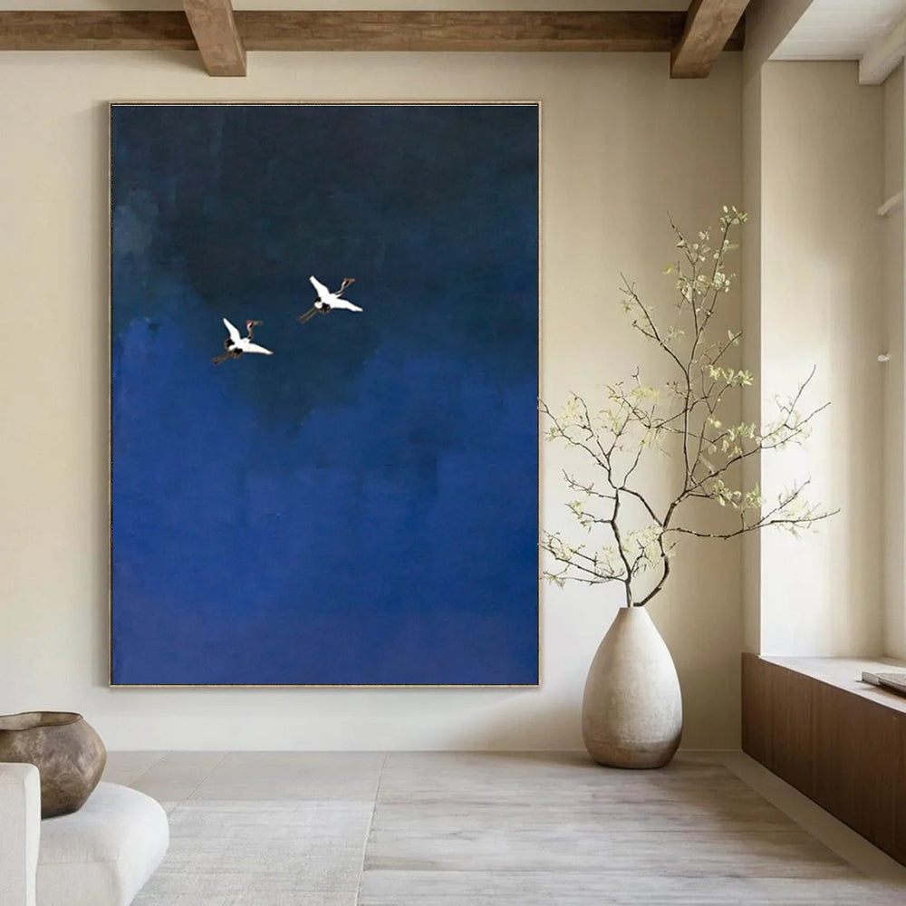 Two Cranes in Blue Sky Abstract Painting for Zen - Inspired Spaces HENG481