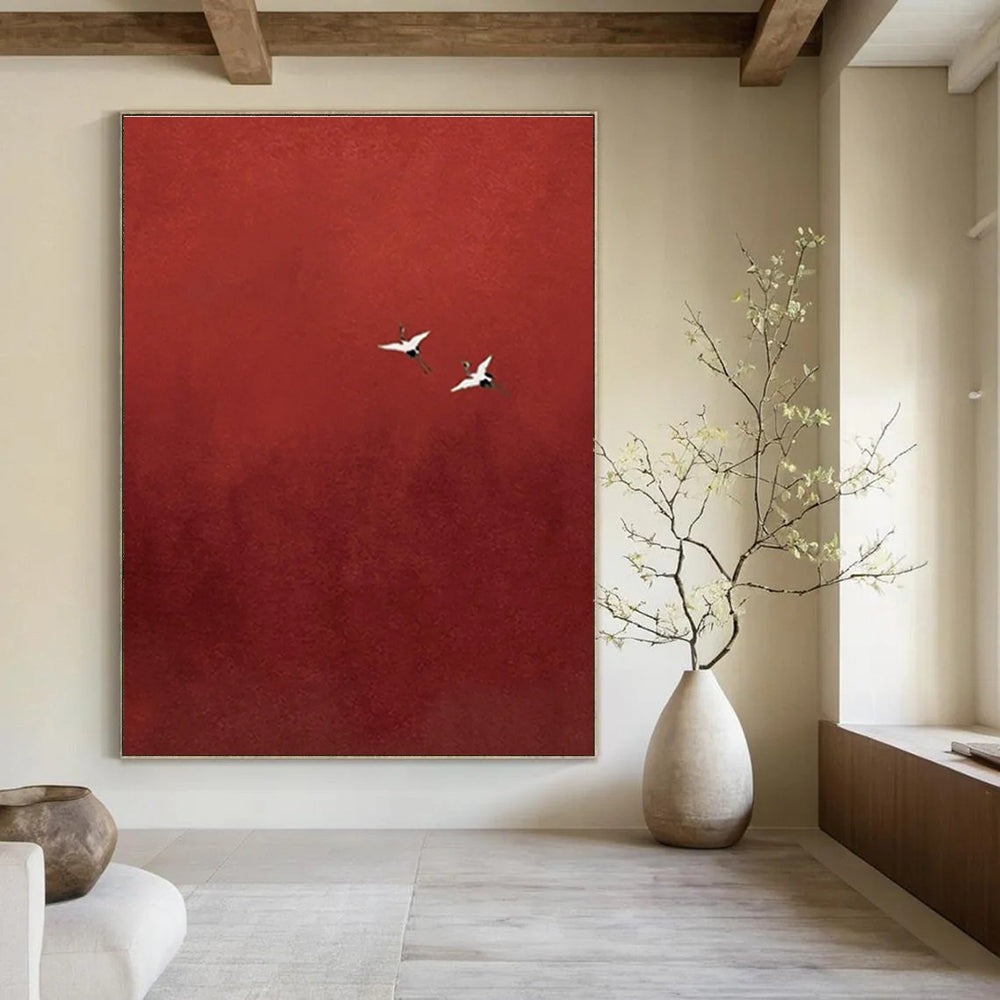 Two Cranes in Red Sky Abstract Painting for Dramatic Foyers HENG482