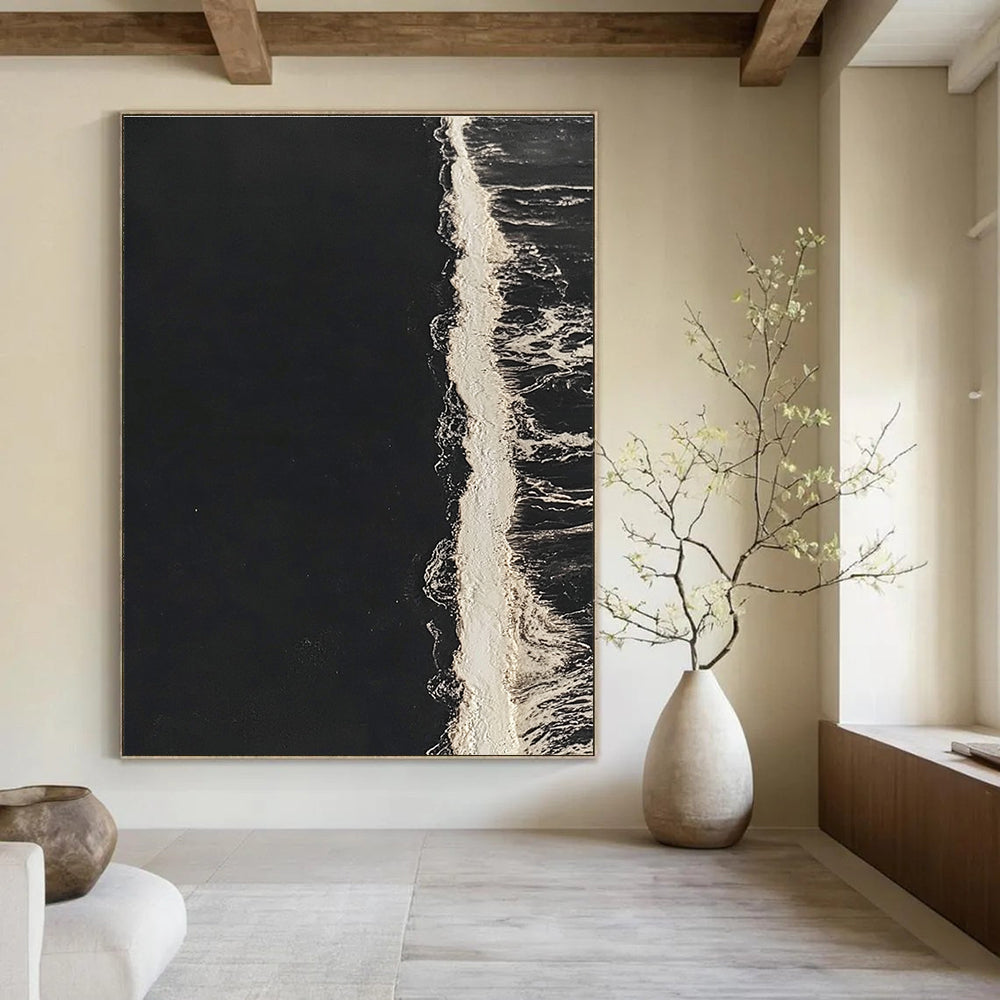Black and White Wave Contrast Abstract Painting of Minimalist Motion GAB0181
